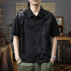 Threebooy Summer Zip Pockets Short Sleeve Polo Shirts Men's Striped Patchwork Turn-down Collar T-shirts High Street Y2K Polos Tee Tops