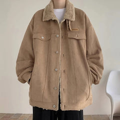 Threebooy New American Fleece-lined Men Padded Jackets Luxury Harajuku Long Sleeve Streetwear Winter Trendy Chic Turn-down Collar Coats
