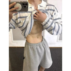 Threebooy New Japanese Striped Male Polo Shirt Trendy Loose V Neck Knitted Long Sleeve T-shirt Casual Lazy Sports Fitness Basic Tops M-3XL