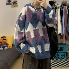 Threebooy Retro Round Neck Sweater Men's Trendy Lazy Style Loose Knit Sweater Couple's Sweater
