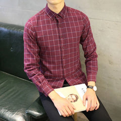 Threebooy Korean Men Spring Autumn Thicken Shirt Turn-down Collar Plaid Panelled Cotton Long Sleeve Slim Vintage Casual All-match Tops