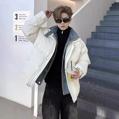 Threebooy Winter Warm Cotton Jacket Men's Denim Fake Two-piece Spliced Stand up Collar Casual Autumn Winter Coat