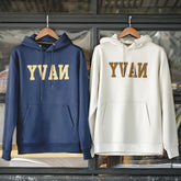 Threebooy Retro NAVY Mirror Hooded Fleece Sweatshirts for Men Padded Letter Printed Hoodies Autumn Pullover