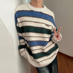 Threebooy Autumn Clothing Men's Knitted Light Luxury Pullovers Sweater Korean Vintage O Neck Striped Long Sleeve Knitwear New