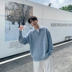 Threebooy Korean style spring and autumn men and women trendy street collar pullover sweater for couples loose retro street casual simple