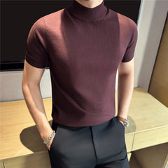 Threebooy Autumn Winter Solid Color Semi High Neck Sweater Men's Slim Fit Knitted Short Sleeved Casual T-shirt Business Base Pullover