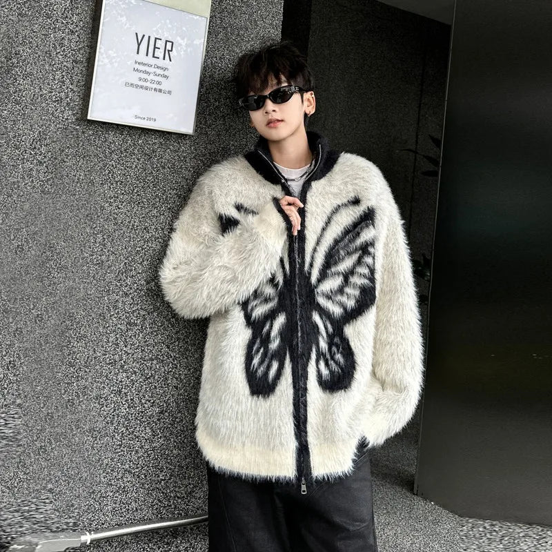 Threebooy Autumn Winter Plush Warm Cardigan Men Butterfly Printing Sweaters Full Zip Jackets Luxury Loose Lazy Knitted Sweater Coat