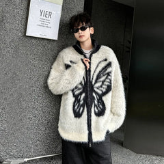 Threebooy Autumn Winter Plush Warm Cardigan Men Butterfly Printing Sweaters Full Zip Jackets Luxury Loose Lazy Knitted Sweater Coat