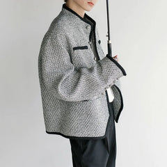 Threebooy Mens Jacket Retro Textured Knit Temperament Trendy Contrast Trim High-End Jacket Unique Pockets Chic Cropped Men'S Clothes