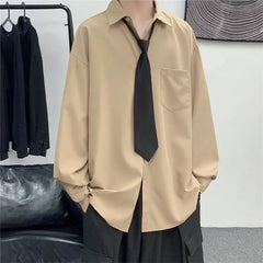 Threebooy Solid Color Shirt with Tie Spring Autumn New Style Hong Kong Style Retro Versatile Long Sleeve Men's Loose Casual Top Trend