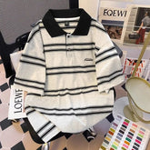 Threebooy High street hip-hop men and women trendy personalized striped polo short sleeved couple summer loose retro casual Harajuku top