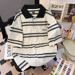 Threebooy High street hip-hop men and women trendy personalized striped polo short sleeved couple summer loose retro casual Harajuku top