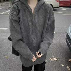 Threebooy Vintage Zipper Hooded Cardigan Sweater Spring Autumn New Style Lazy Style Casual Knitted Top