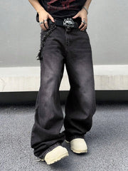 Threebooy 1Pc Men's Daily Travel Casual American Street Loose Jeans, Black, Light Blue, Sea Blue Fashion Street Style Retro Lantern Jeans Jeans Denim Pants