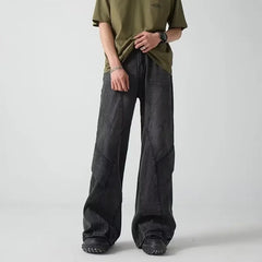 Threebooy Y2K Streetwear Old Blue Baggy Flare Jeans For Men Vintage Designer Clothes Harajuku Fashion Cotton Long Trousers