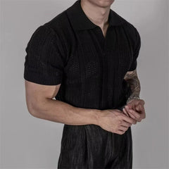 Threebooy Hollow Knitted Short-sleeved POLO Shirt T-shirt for Men's Summer Korean Style Top Mesh Texture Design Shirt