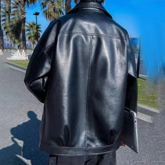Threebooy Fashion Pu Leather Jacket Men Autumn And Winter New Velvet Warm Lapel Leather Motorcycle Jacket Casual Handsome Y2k Jacket
