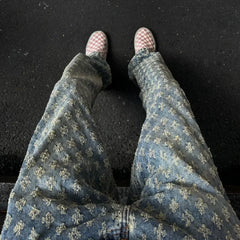 Threebooy Trendy Brand Hiphop Slimming Straight-leg Jeans Jacquard Full Print European American High Street Style For Men