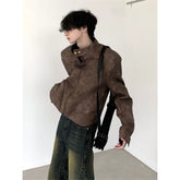 Threebooy American retro vintage motorcycle leather jacket men's spring and autumn new short shoulder padded jacket top