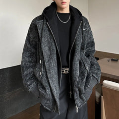 Threebooy Mens Street Fashion Casual Loose Trendy Fake Two-Piece Woolen Hooded Jacket Autumn Winter High-End Lazy Casual Versatile Jacket