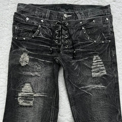 Threebooy Y2K Washed Jeans Gothic Retro Micro Flared Double Waisted Lace Up Pants Men Women Streetwear High Quality Design Sense Trousers