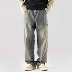 Threebooy New autumn winter washed yellow mud jeans for men with a high-end feel, American plus size wide leg pants