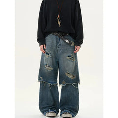 Threebooy Blue Vintage Ripped Harajuku Loose Fit Jeans Y2K Hollow Out Wide Leg Trashy Pants Women's Baggy Tassel Street Denim Trouser