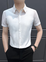 Threebooy Summer Hollow Mesh Short Sleeved Shirts Men Ice Silk Breathable Casual Business Dress Shirt Handsome Versatile Streetwear Shirt
