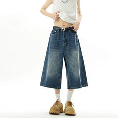 Threebooy Oversized Baggy Men's Denim Shorts Summer Fashion Retro Casual Loose Wide-leg Calf-length Jeans Harajuku Y2K Streetwear Pants