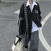 Threebooy Unisex Vintage Punk Black Shirt Coat Men Women Spring Autumn Japanese Harajuku Tie Rope Top Versatile High Street Shirt