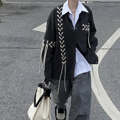 Threebooy Unisex Vintage Punk Black Shirt Coat Men Women Spring Autumn Japanese Harajuku Tie Rope Top Versatile High Street Shirt