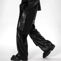 Threebooy American style hip-hop punk leather pants men's spring workwear pants high street multi pocket pants