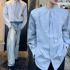 Threebooy Mens Shirt Ribbon Casual Pleated Shirt Autumn Streetwear Fashion Personality Niche Thin Long-Sleeved Top Men'S Clothing