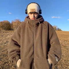 Threebooy Korean Style Polar Fleece Thickened Hooded Lamb Wool Jacket American Fashion Winter Men's Warm Large Size Cotton Coat Aesthetic