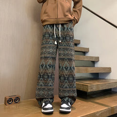 Threebooy Autumn Woolen Pants Men Warm Retro Plaid Knitted Pants Men Japanese Streetwear Loose Straight Pants Mens Vintage Trousers M-3XL
