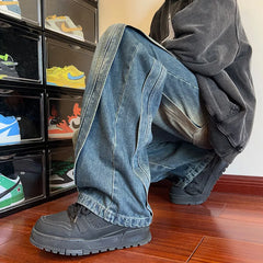 Threebooy Destroyed Stitching Jeans Men's Blue Washed Jeans Gothic Style Street Trend Clothing Retro Loose Wide Leg Pants straight jeans