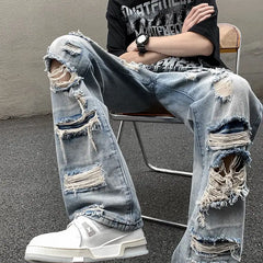 Threebooy European and American High Street Spring and Autumn Vintage Destruction Washed Straight leg Jeans Couple Hip Hop Casual Pants