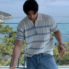 Threebooy Men's Clothing Fashion Tops Light Luxury Korean Popular Knit Polo Shirt Leisure V Neck Short Sleeve Solid Color Striped Knitwear