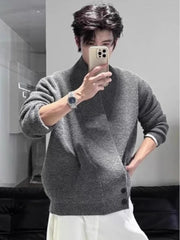 Threebooy Korean Style Versatile Unique Design Slanted Buttons Relaxed Fit Solid Color Men's Autumn Winter Lazy Chic Loose Cardigan