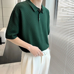 Threebooy Summer Clothing Men's Light Luxury Knitted Short Sleeve Polo Shirt Streetwear Button-down Korean Fashion Solid Color Knitwear