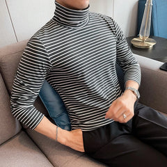 Threebooy Black Gray Men High Collar Long-Sleeve T-Shirt Men T-Shirt Stripe Slim Fit T-Shirt Men Shirt Vintage Basic Cotton Shirt