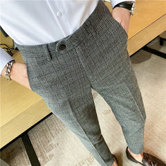 Threebooy Chic Coffee Blue Grey Pants Men Elegant Slim Fit Plaid Suit Trousers Pants For Men Office Party Trousers Mens Dress Pants