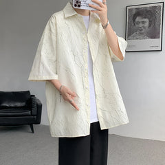 Threebooy White/Black Men Shirt Texture Lapel Short Sleeve Korean Casual Shirts 2024 High Quality Streetwear Summer Leisure Men Clothing