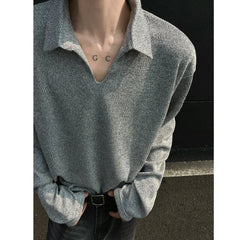 Threebooy American High-end V-neck Polo Shirt Long-sleeved T-shirt Men's Spring Autumn Couple's Trend Simple Base Shirt Elegant Streetwear