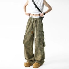 Threebooy Men Military Camo Workwear Cargo Pants Elastic Waistband Drawstring Tactical Joggers Loose Straight Leg Big Side Pockets Outdoor