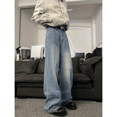 Threebooy Jeans Men Loose Wide Leg Trousers Unisex low-rise jean Men's Denim Pants Old Blue Washed Male Jeans Straight Patchwork mop pants