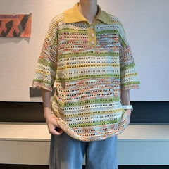 Threebooy New Trend Men Fashion Striped Polo Shirt Light Luxury Hollow Out Knitted T-shirt Korean Style Summer Casual Short Sleeve Tops