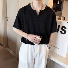 Threebooy Summer Short-sleeved T-shirt Men Fashion Casual Black White Pleated Tshirt Men Streetwear Korean Loose V-neck T Shirt Men Tops