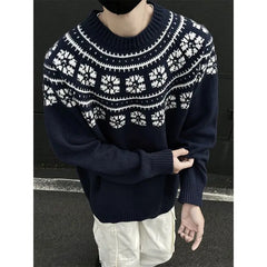 Threebooy Vintage Navy Blue Sweater Jacquard O-Neck Knit Pullover New Autumn Winter Loose Couple Knitted Sweater Tops Aesthetic Streetwear
