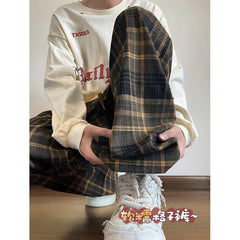 Threebooy Autumn Plaid Pants Men Oversized Fashion Retro Casual Pants Men Streetwear Hip-hop Loose Wide Leg Pants Mens Vintage Trousers